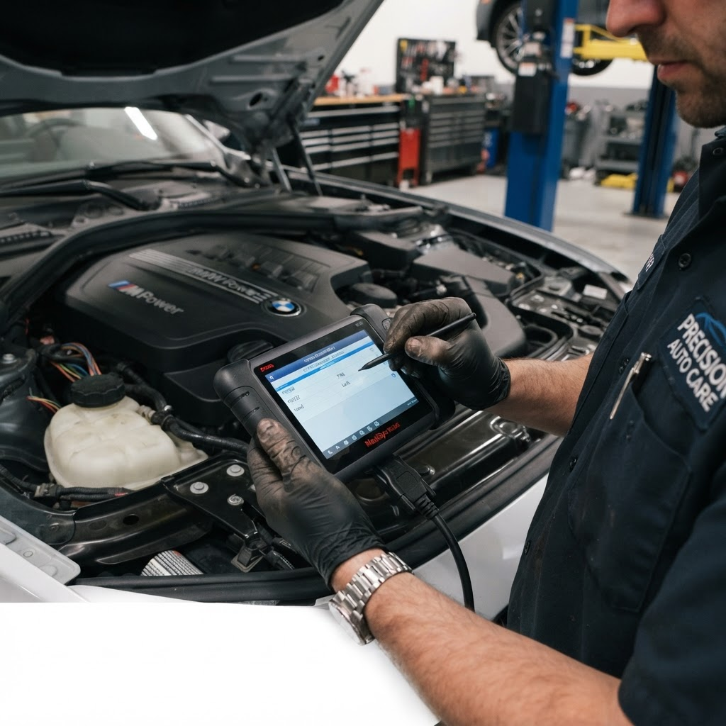 Mechanic running an OBD-II diagnostic scan on an engine