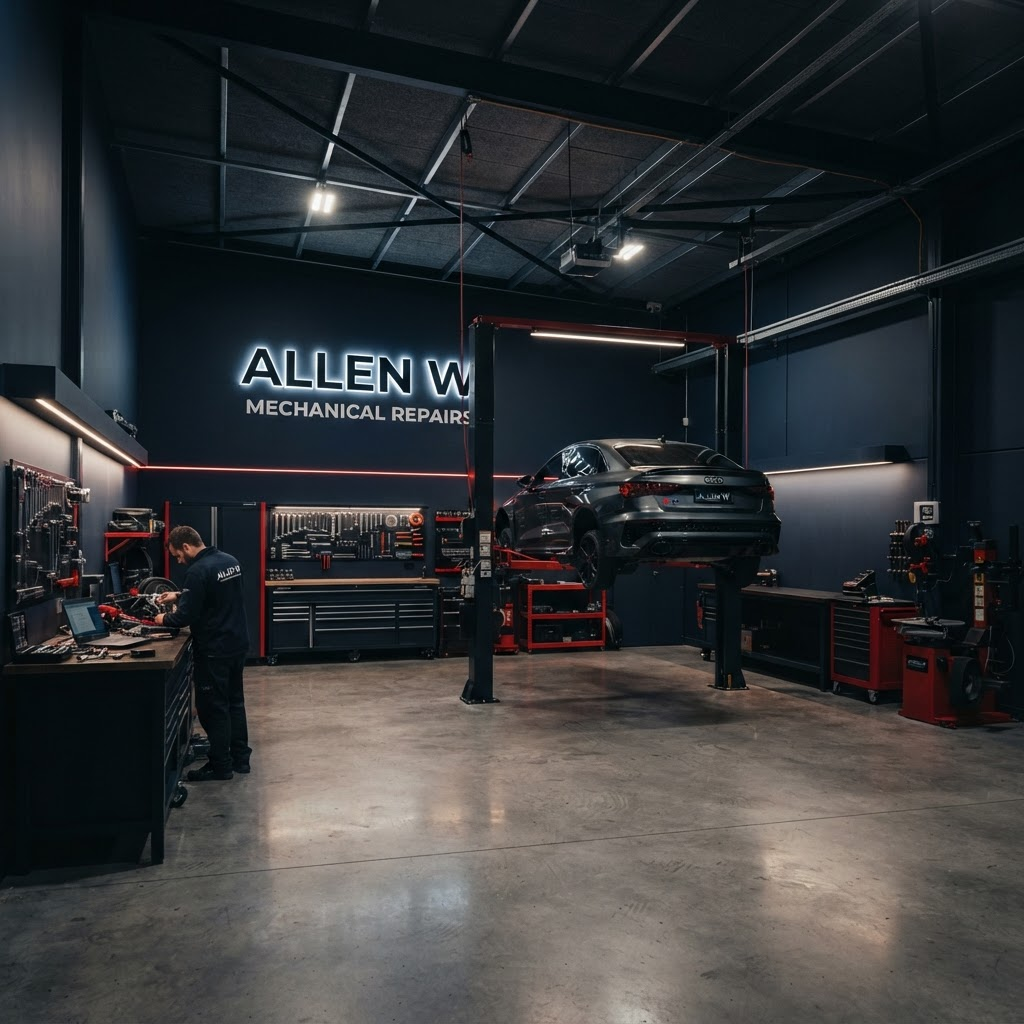 Wide view of the clean, well-lit Allen W Mechanical workshop